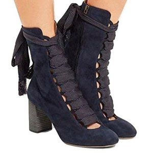 Chloe Harper Suede Lace-Up Chunky High-Heel Bootie